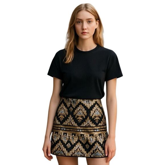 Forever 21 Mini Skirt Size Small Black Gold Silver Sheer Sequin Aztec Design - Picture 1 of 7